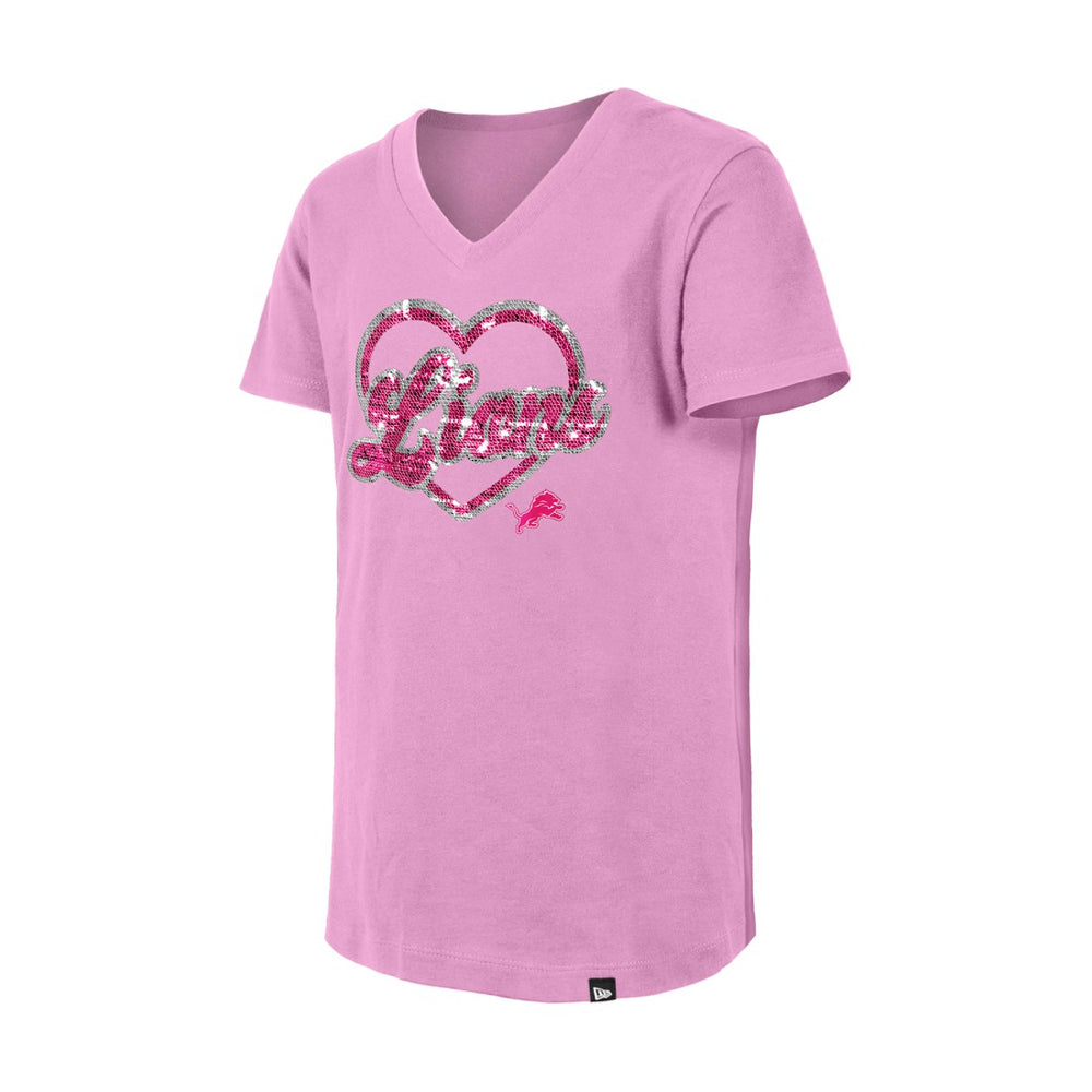 Detroit Lions New Era Girls Youth Flip Sequins V-Neck T-Shirt - Pink T-shirts