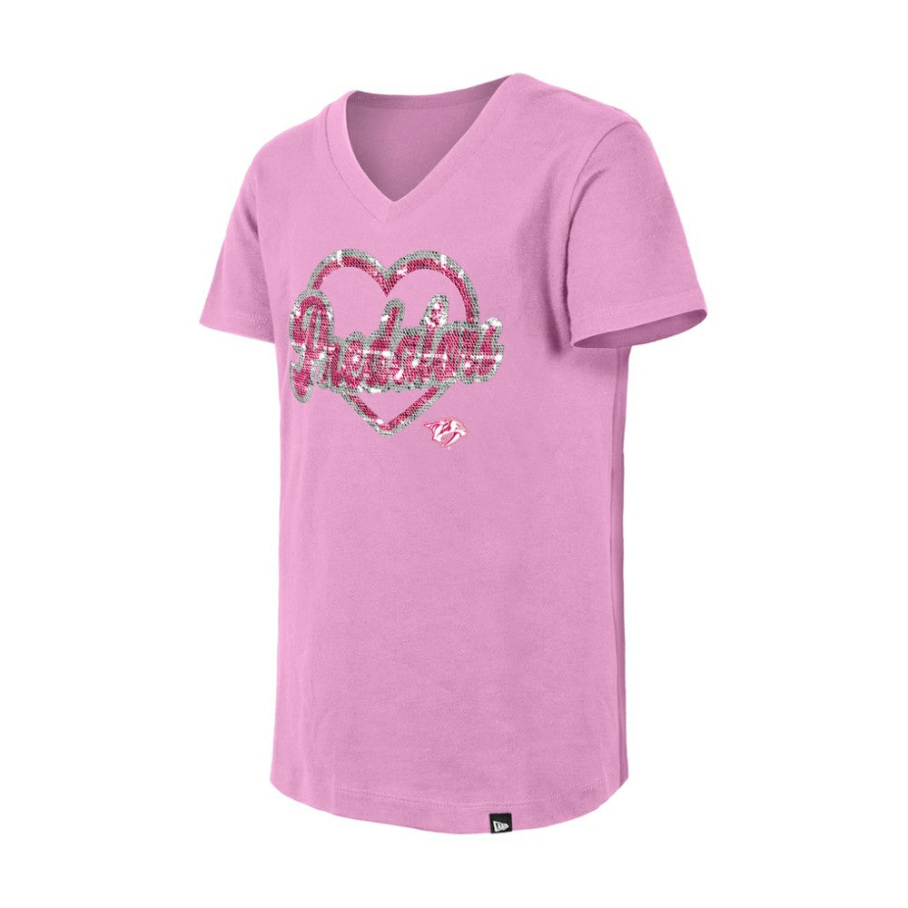 Nashville Predators New Era Girl's Youth Flip Sequin V-Neck T-Shirt - Pink | US 201889026