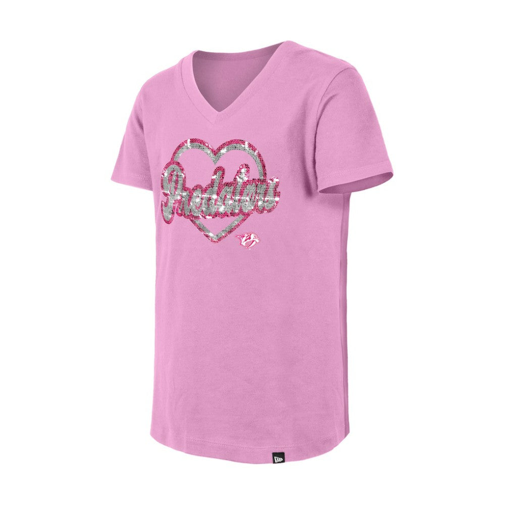 Nashville Predators New Era Girl's Youth Flip Sequin V-Neck T-Shirt - Pink | US 201889026