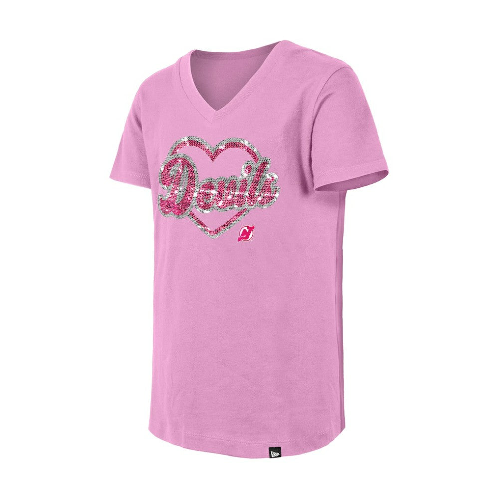 New Jersey Devils New Era Girl's Youth Flip Sequin V-Neck T-Shirt - Pink | US 201889027