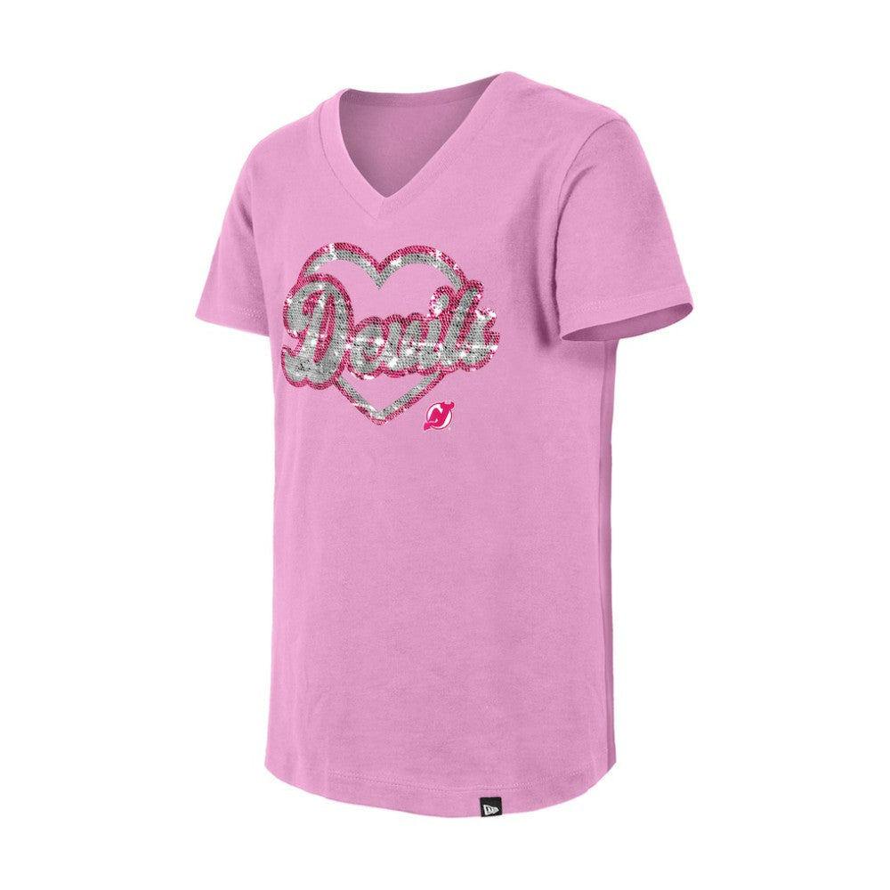 New Jersey Devils New Era Girl's Youth Flip Sequin V-Neck T-Shirt - Pink | US 201889027