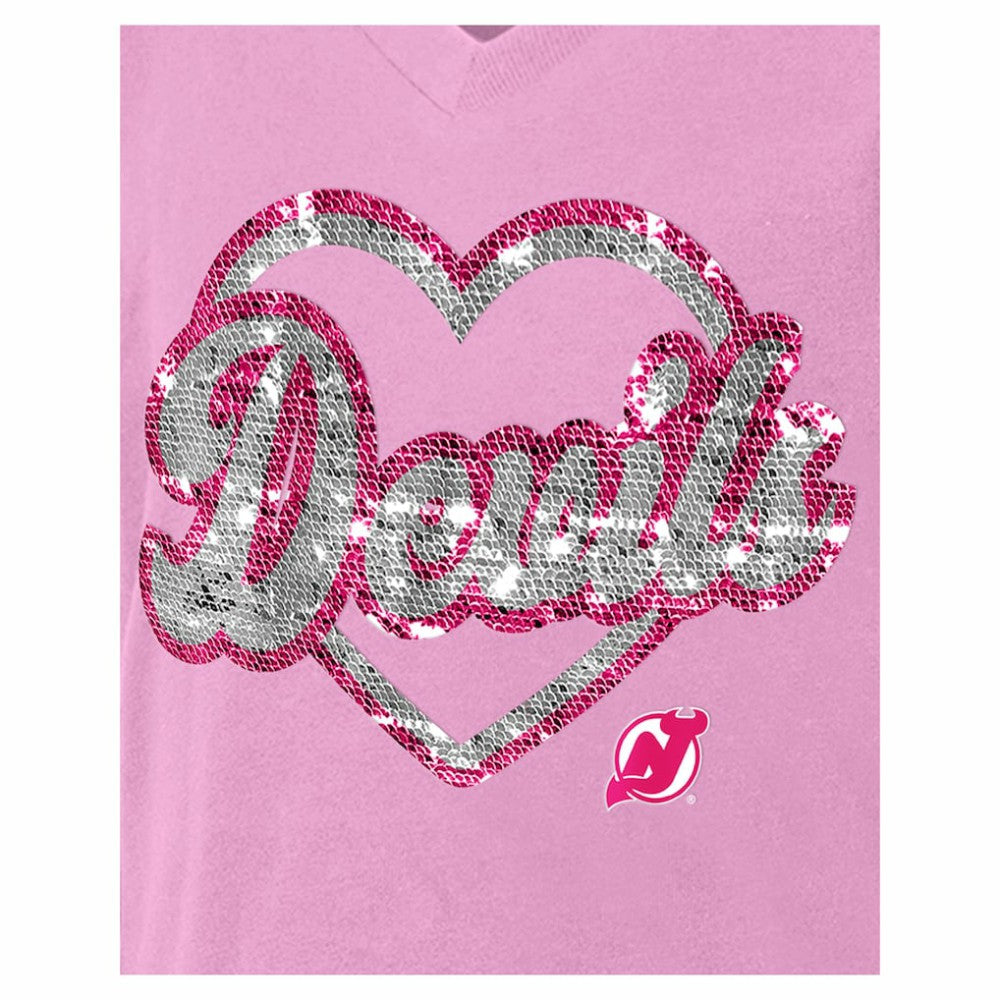 New Jersey Devils New Era Girl's Youth Flip Sequin V-Neck T-Shirt - Pink | US 201889027