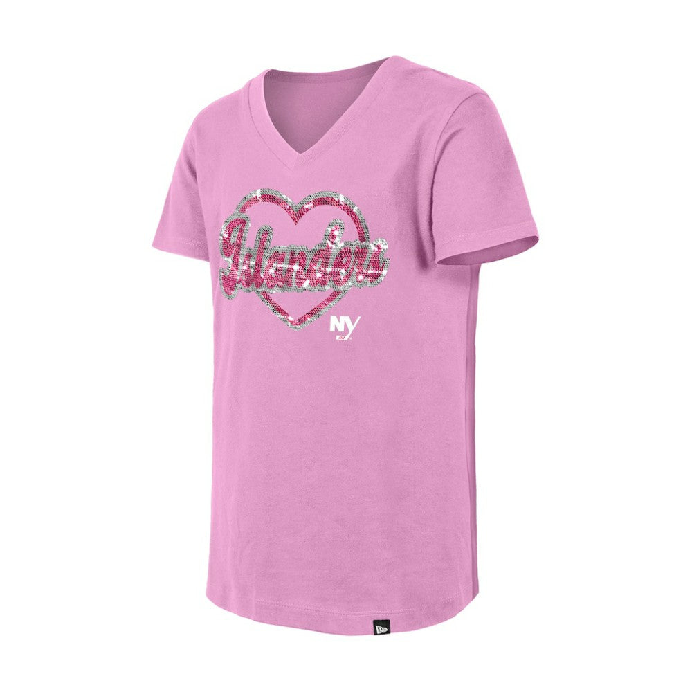 New York Islanders New Era Girl's Youth Flip Sequin V-Neck T-Shirt - Pink | US 201889028