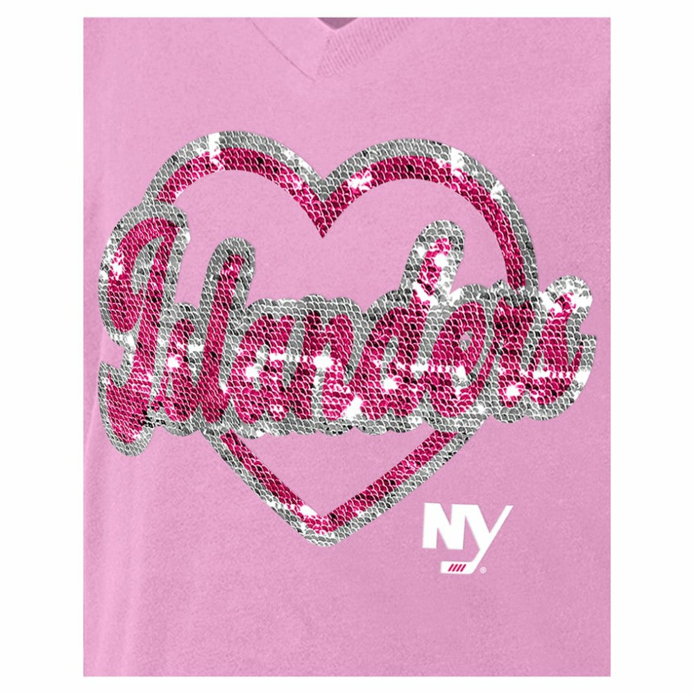 New York Islanders New Era Girl's Youth Flip Sequin V-Neck T-Shirt - Pink | US 201889028