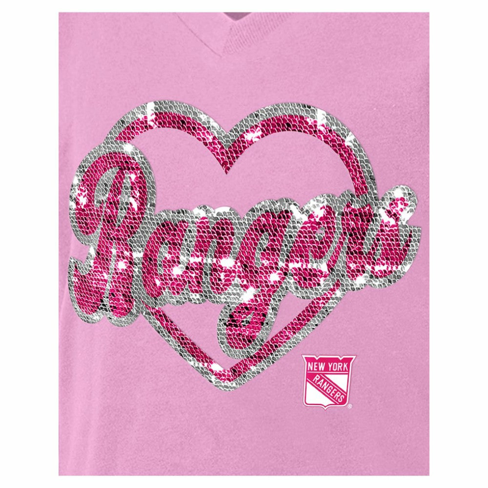 New York Rangers New Era Girl's Youth Flip Sequin V-Neck T-Shirt - Pink | US 201889029