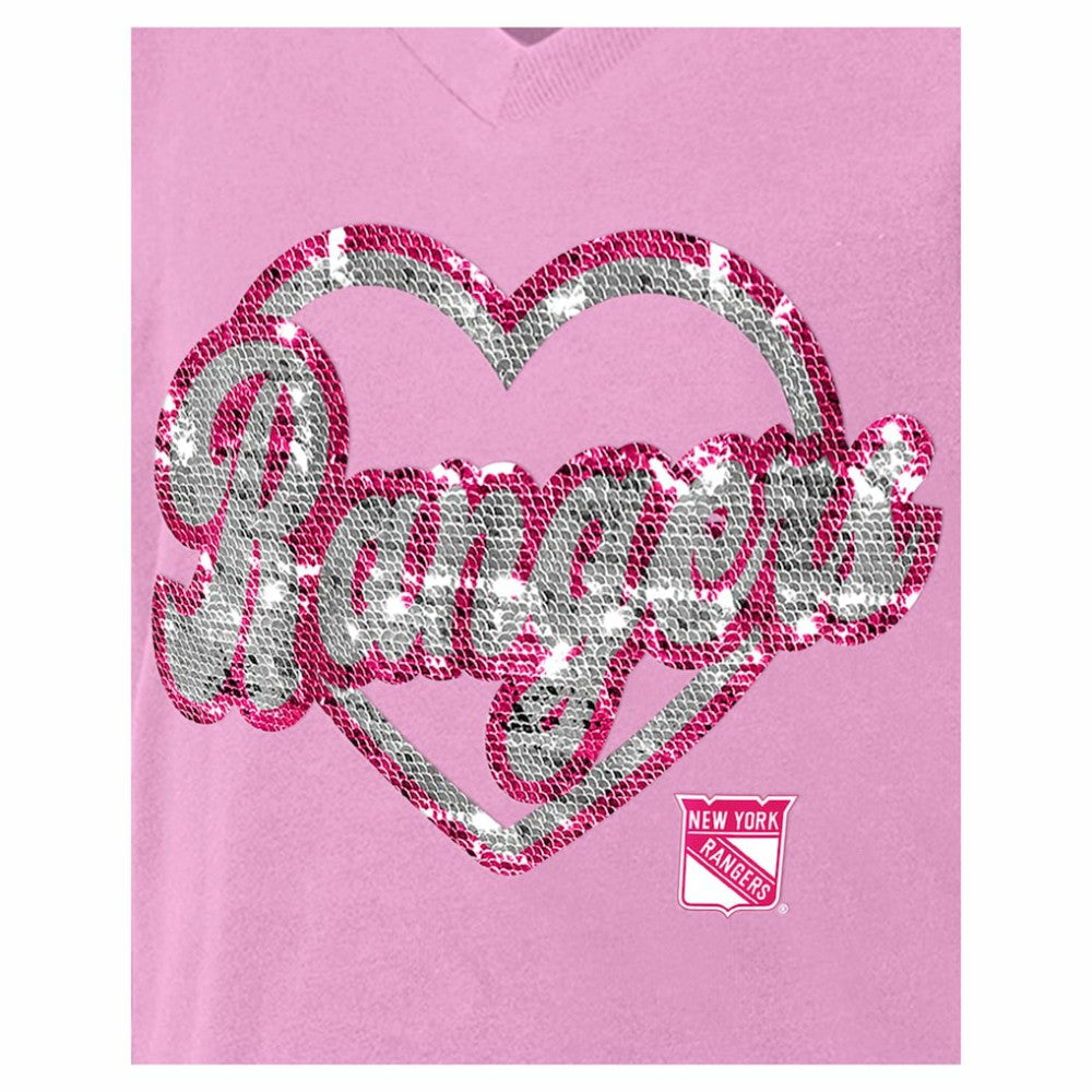 New York Rangers New Era Girl's Youth Flip Sequin V-Neck T-Shirt - Pink | US 201889029