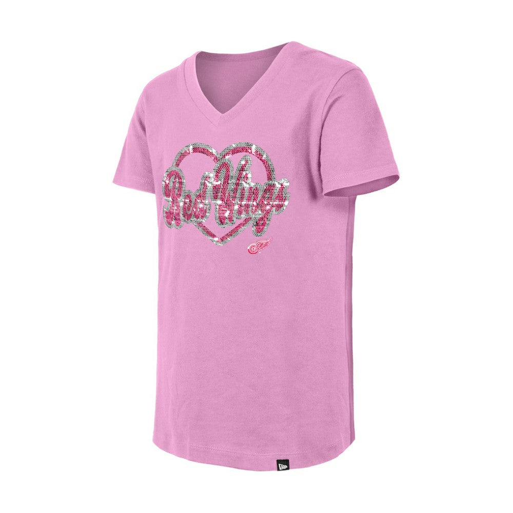 Detroit Red Wings New Era Girl's Youth Flip Sequin V-Neck T-Shirt - Pink | US 201889030