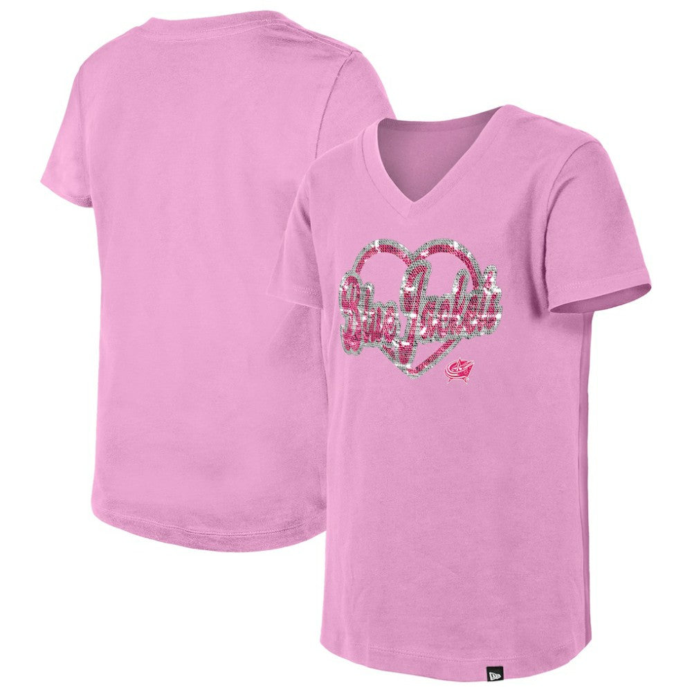Columbus Blue Jackets New Era Girl's Youth Flip Sequin V-Neck T-Shirt - Pink | US 201889036