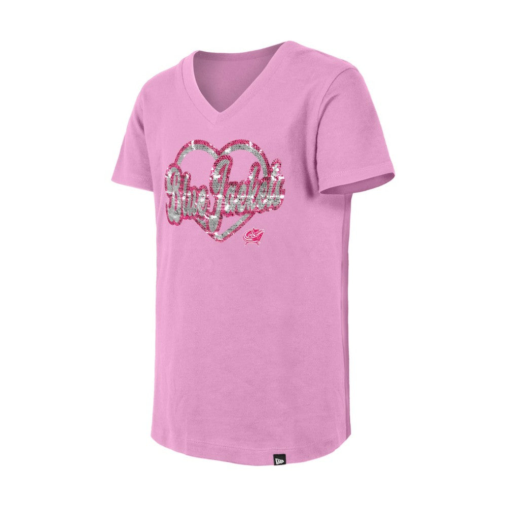 Columbus Blue Jackets New Era Girl's Youth Flip Sequin V-Neck T-Shirt - Pink | US 201889036