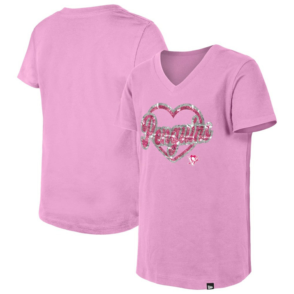 Pittsburgh Penguins New Era Girl's Youth Flip Sequin V-Neck T-Shirt - Pink | US 201889037