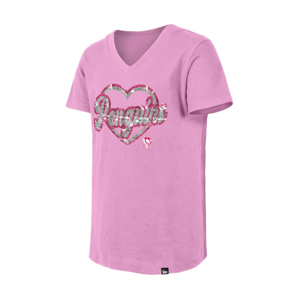 Pittsburgh Penguins New Era Girl's Youth Flip Sequin V-Neck T-Shirt - Pink | US 201889037