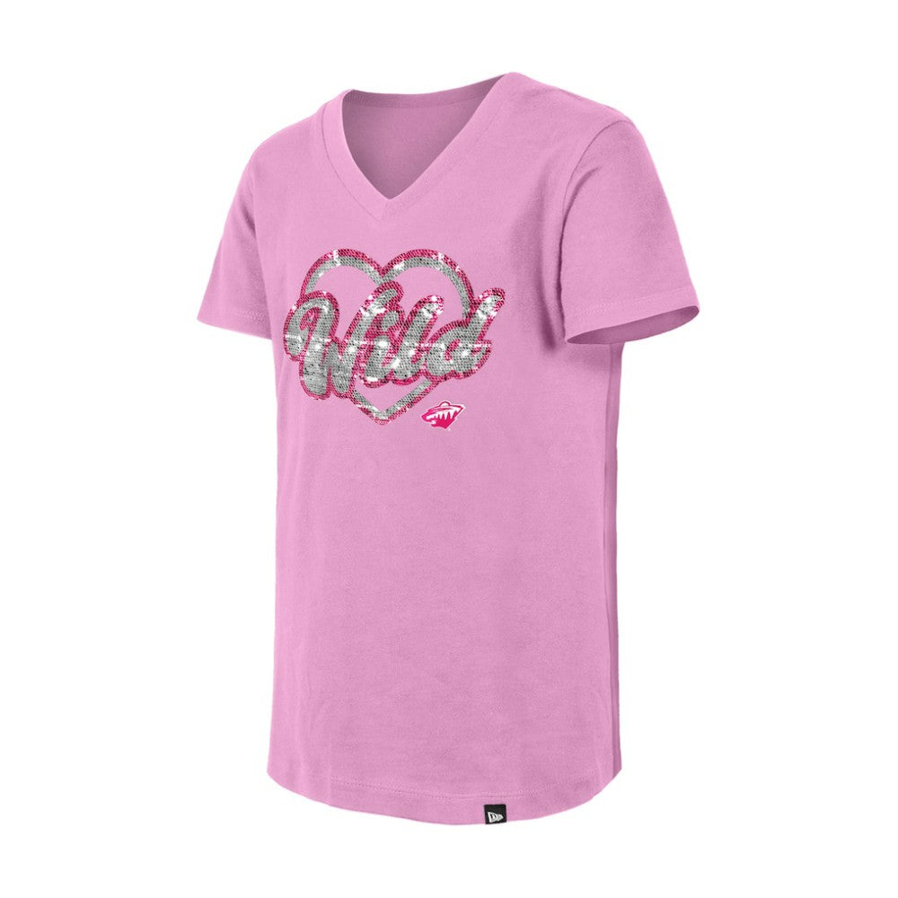Minnesota Wild New Era Girl's Youth Flip Sequin V-Neck T-Shirt - Pink | US 201889048