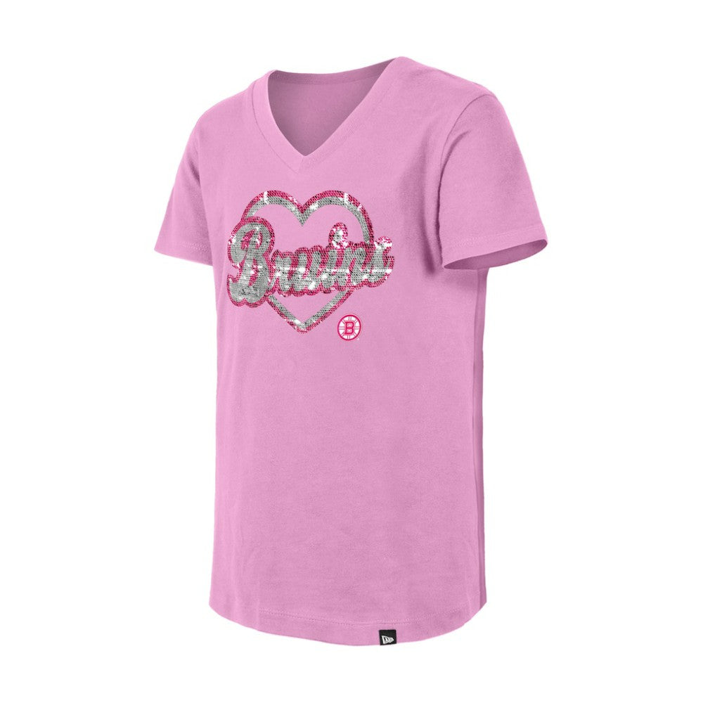 Boston Bruins New Era Girl's Youth Flip Sequin V-Neck T-Shirt - Pink | US 201889051