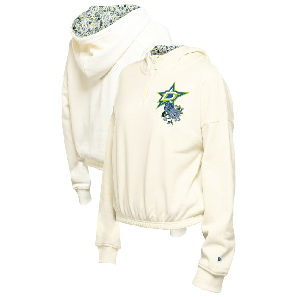 Dallas Stars New Era Women's Glam Game Quarter-Zip Cropped Floral Hoodie Pullover - Cream | US 201889088