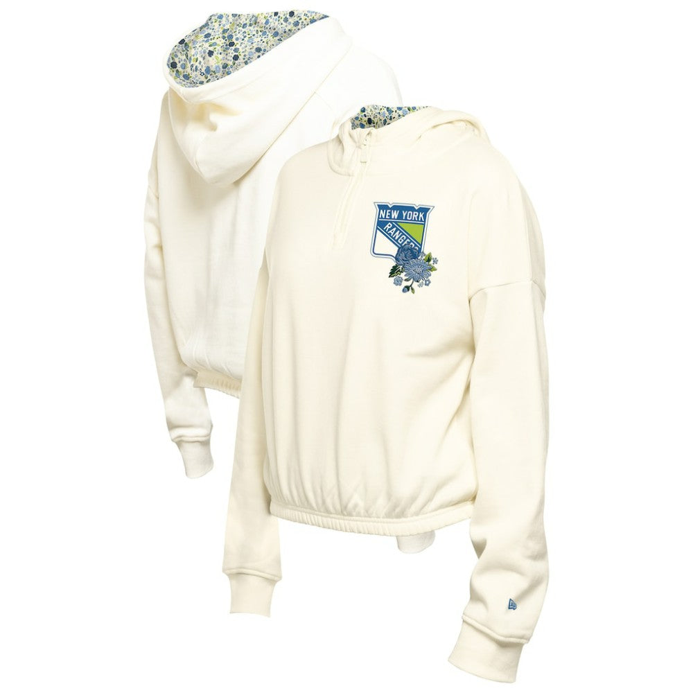 New York Rangers New Era Women's Glam Game Quarter-Zip Cropped Floral Hoodie Pullover - Cream | US 201889092