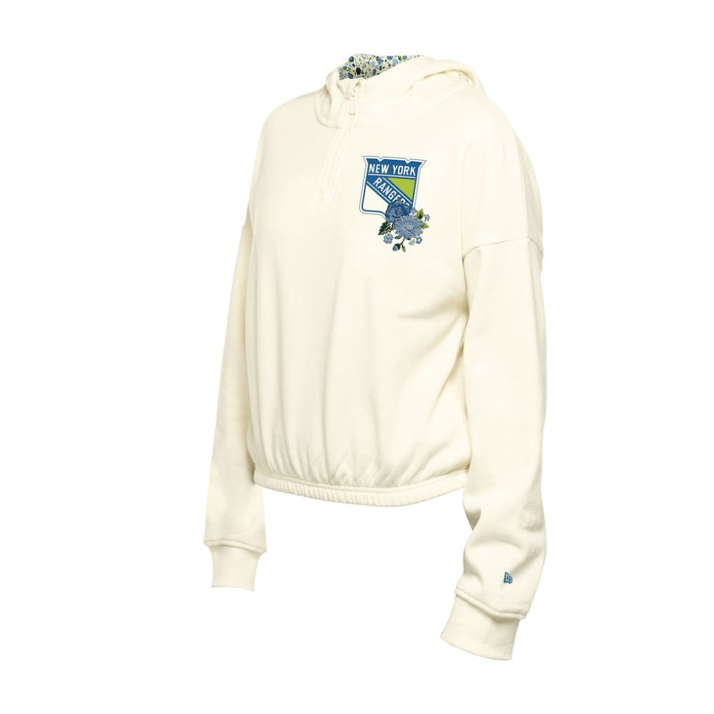 New York Rangers New Era Women's Glam Game Quarter-Zip Cropped Floral Hoodie Pullover - Cream | US 201889092
