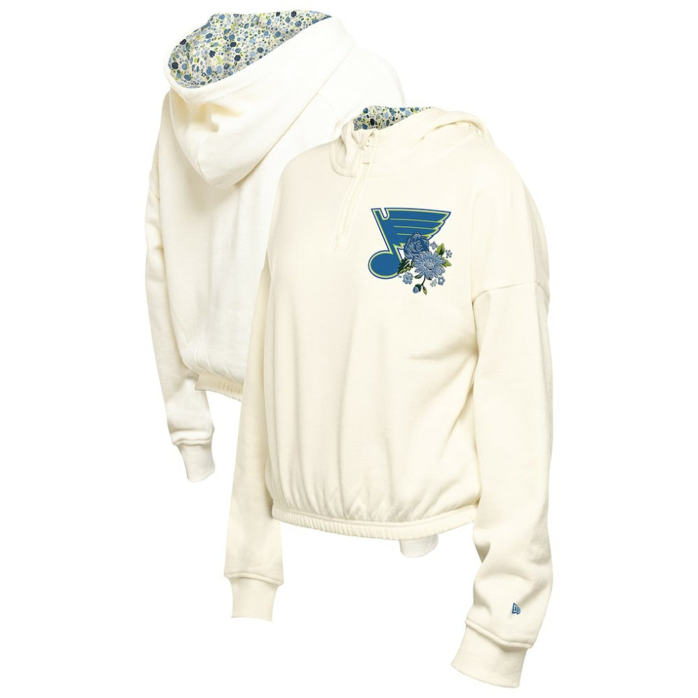 St. Louis Blues New Era Women's Glam Game Quarter-Zip Cropped Floral Hoodie Pullover - Cream | US 201889095