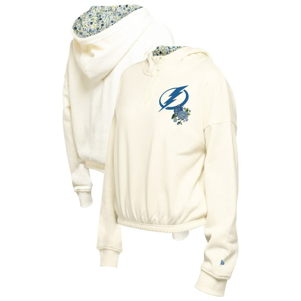 Tampa Bay Lightning New Era Women's Glam Game Quarter-Zip Cropped Floral Hoodie Pullover - Cream | US 201889096