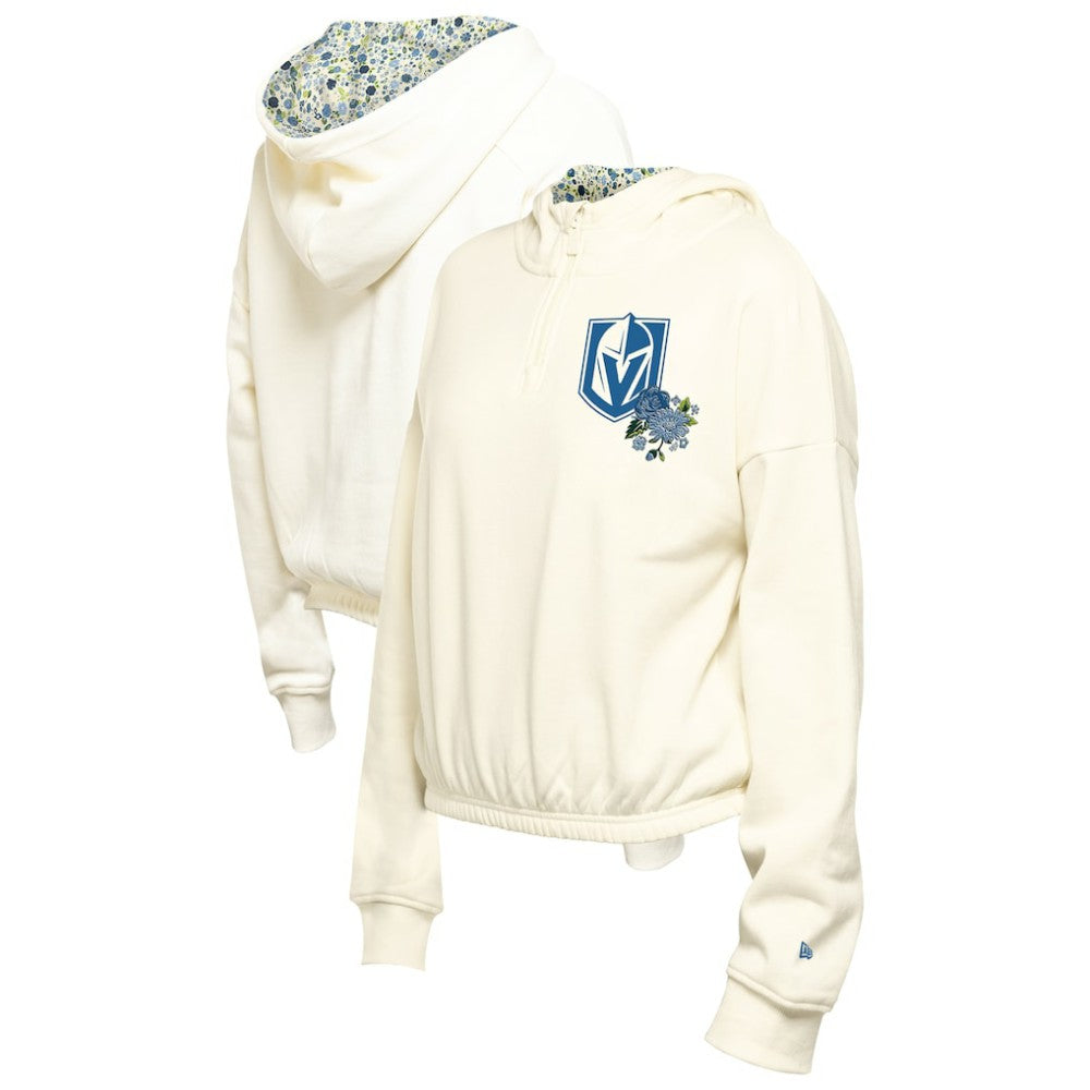 Vegas Golden Knights New Era Women's Glam Game Quarter-Zip Cropped Floral Hoodie Pullover - Cream | US 201889098