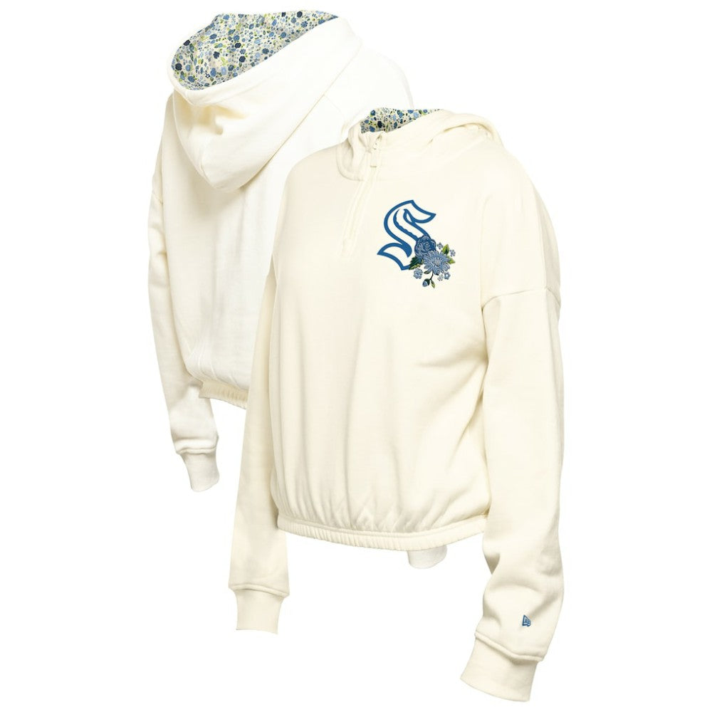 Seattle Kraken New Era Women's Glam Game Quarter-Zip Cropped Floral Hoodie Pullover - Cream | US 201889102