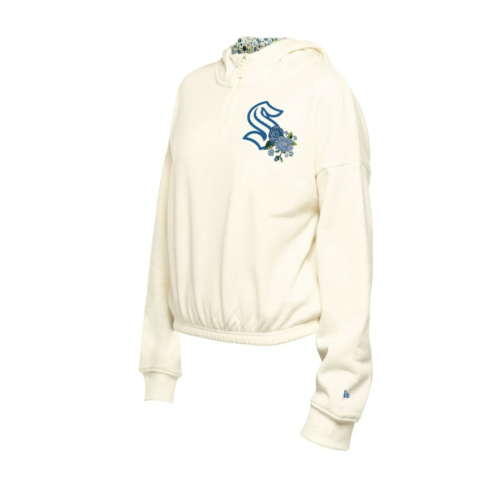 Seattle Kraken New Era Women's Glam Game Quarter-Zip Cropped Floral Hoodie Pullover - Cream | US 201889102