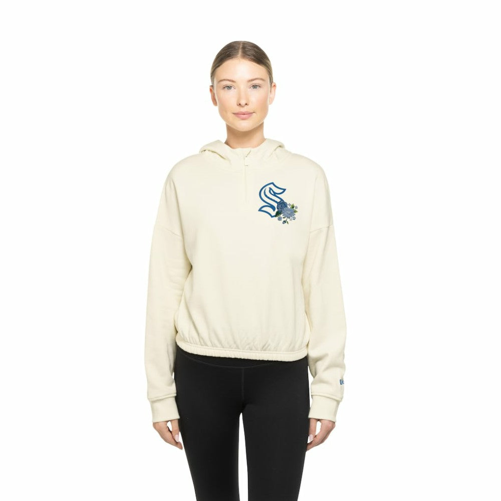 Seattle Kraken New Era Women's Glam Game Quarter-Zip Cropped Floral Hoodie Pullover - Cream | US 201889102