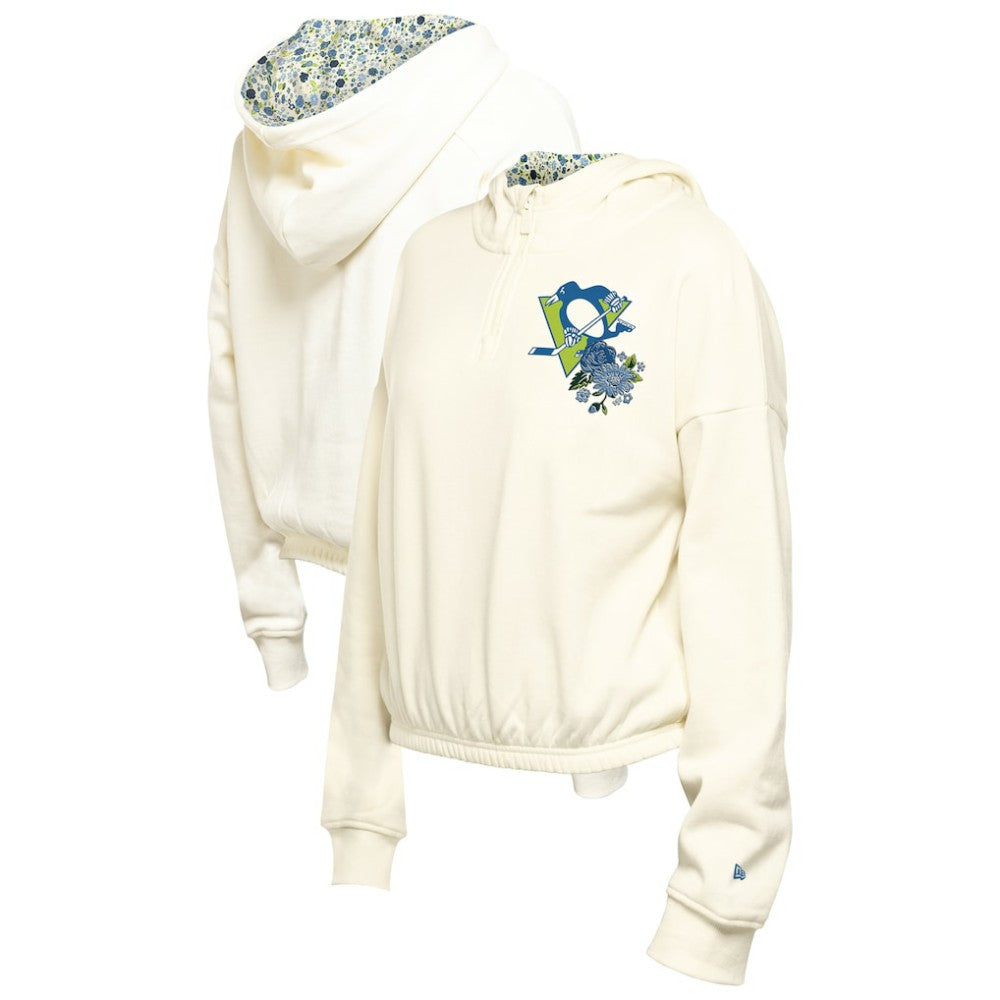 Pittsburgh Penguins New Era Women's Glam Game Quarter-Zip Cropped Floral Hoodie Pullover - Cream | US 201889104