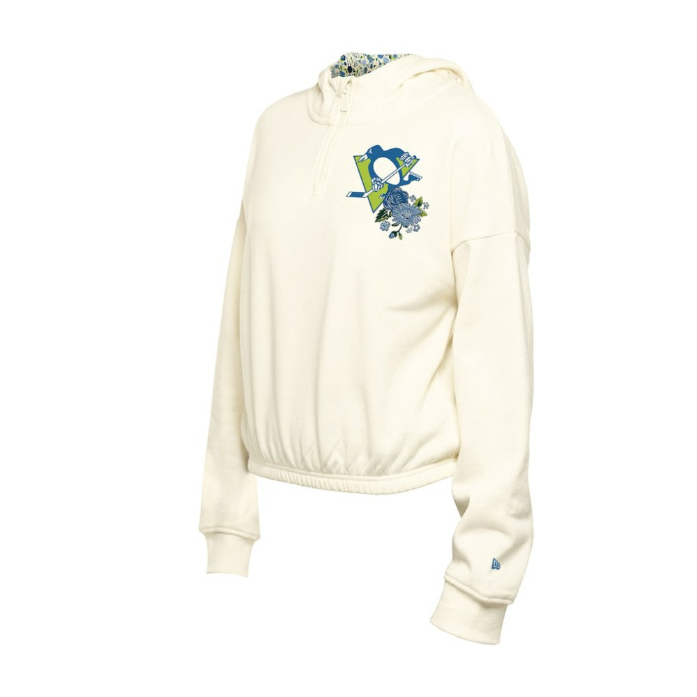 Pittsburgh Penguins New Era Women's Glam Game Quarter-Zip Cropped Floral Hoodie Pullover - Cream | US 201889104