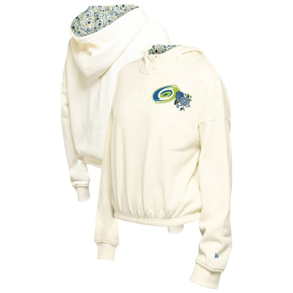 Carolina Hurricanes New Era Women's Glam Game Quarter-Zip Cropped Floral Hoodie Pullover - Cream | US 201889105
