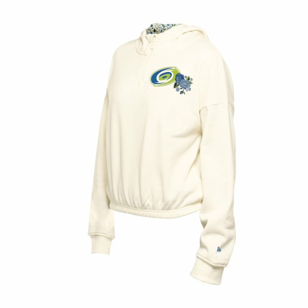 Carolina Hurricanes New Era Women's Glam Game Quarter-Zip Cropped Floral Hoodie Pullover - Cream | US 201889105