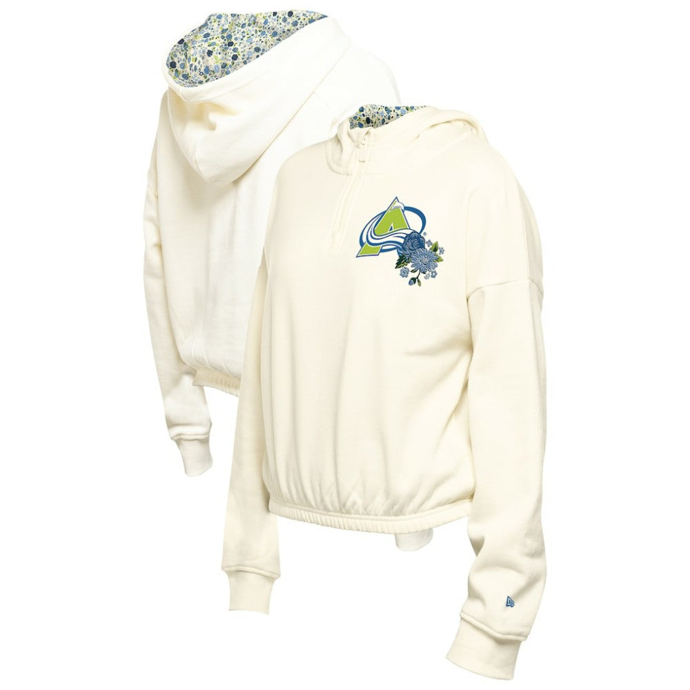 Colorado Avalanche New Era Women's Glam Game Quarter-Zip Cropped Floral Hoodie Pullover - Cream | US 201889107