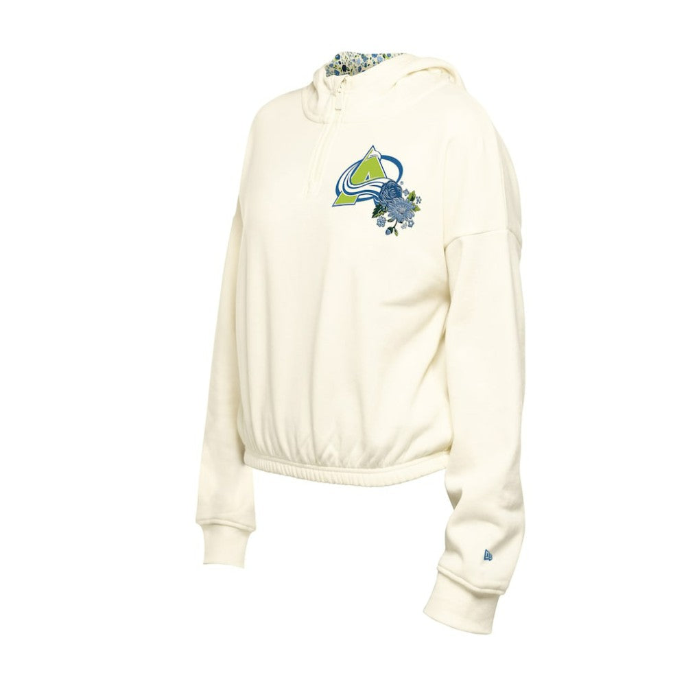 Colorado Avalanche New Era Women's Glam Game Quarter-Zip Cropped Floral Hoodie Pullover - Cream | US 201889107