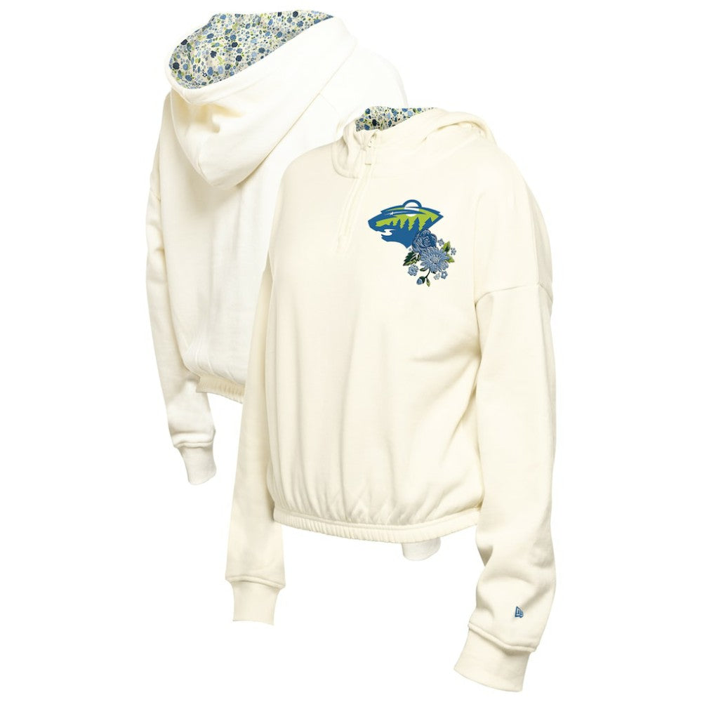 Minnesota Wild New Era Women's Glam Game Quarter-Zip Cropped Floral Hoodie Pullover - Cream | US 201889108