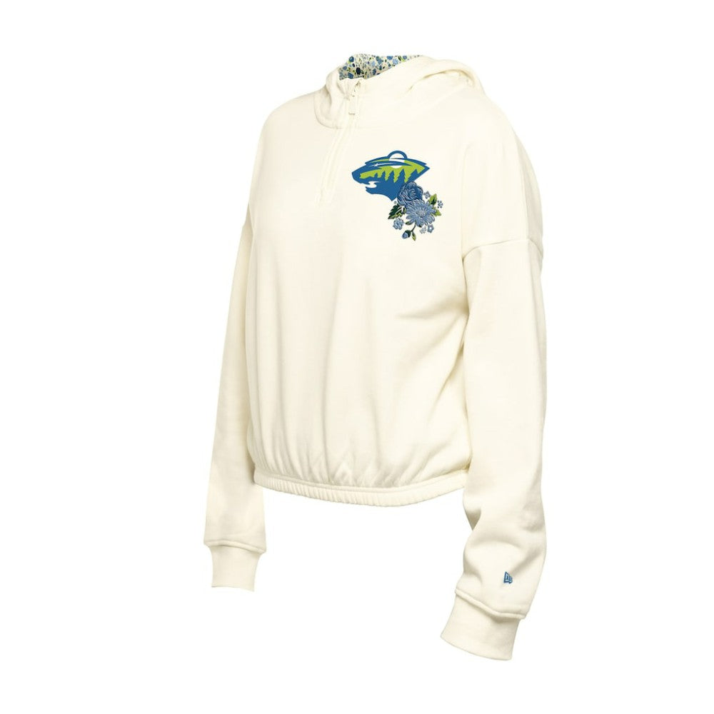 Minnesota Wild New Era Women's Glam Game Quarter-Zip Cropped Floral Hoodie Pullover - Cream | US 201889108