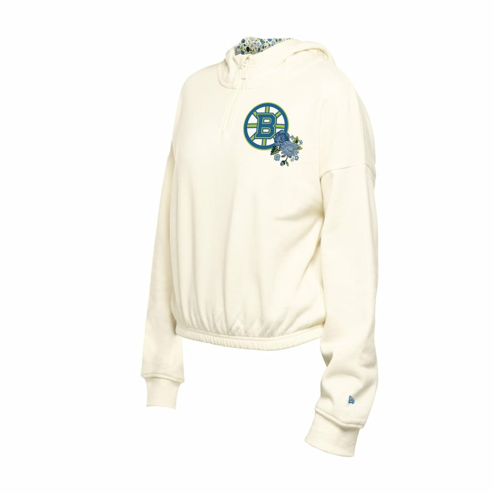 Boston Bruins New Era Women's Glam Game Quarter-Zip Cropped Floral Hoodie Pullover - Cream | US 201889113