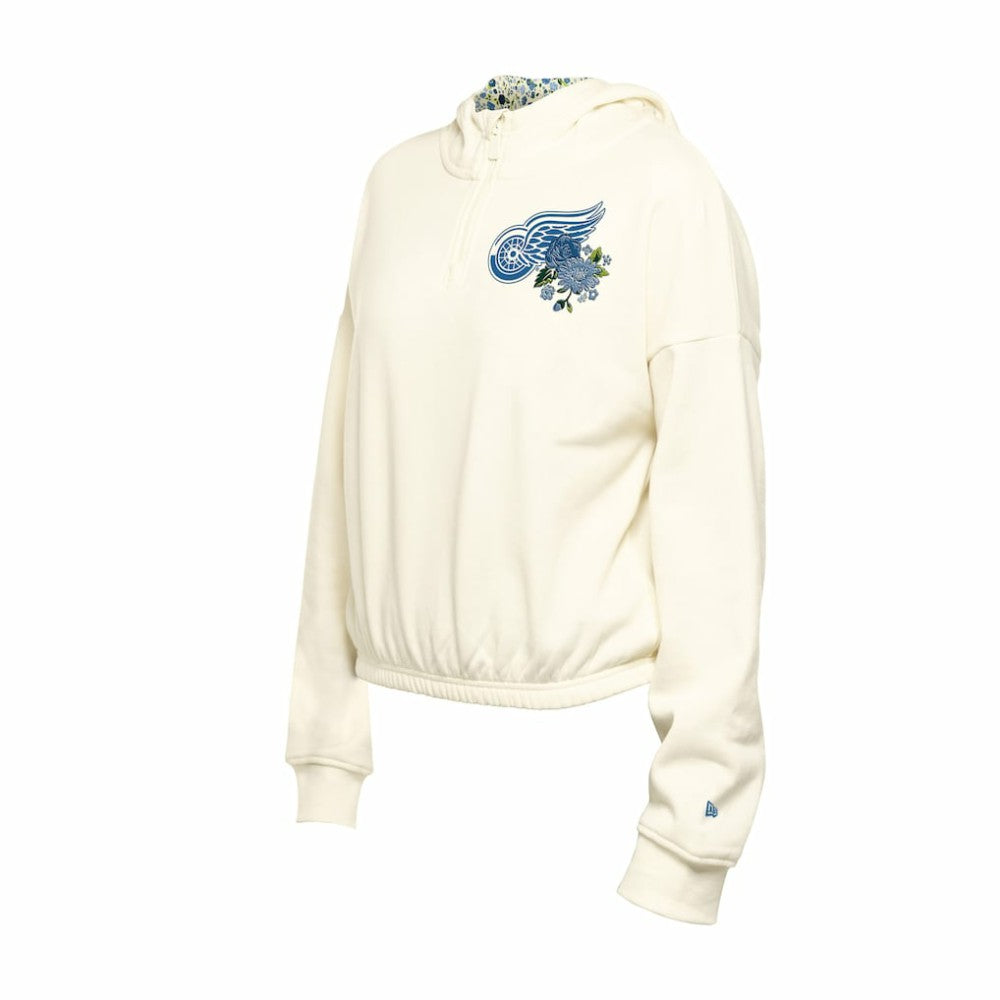 Detroit Red Wings New Era Women's Glam Game Quarter-Zip Cropped Floral Hoodie Pullover - Cream | US 201889116