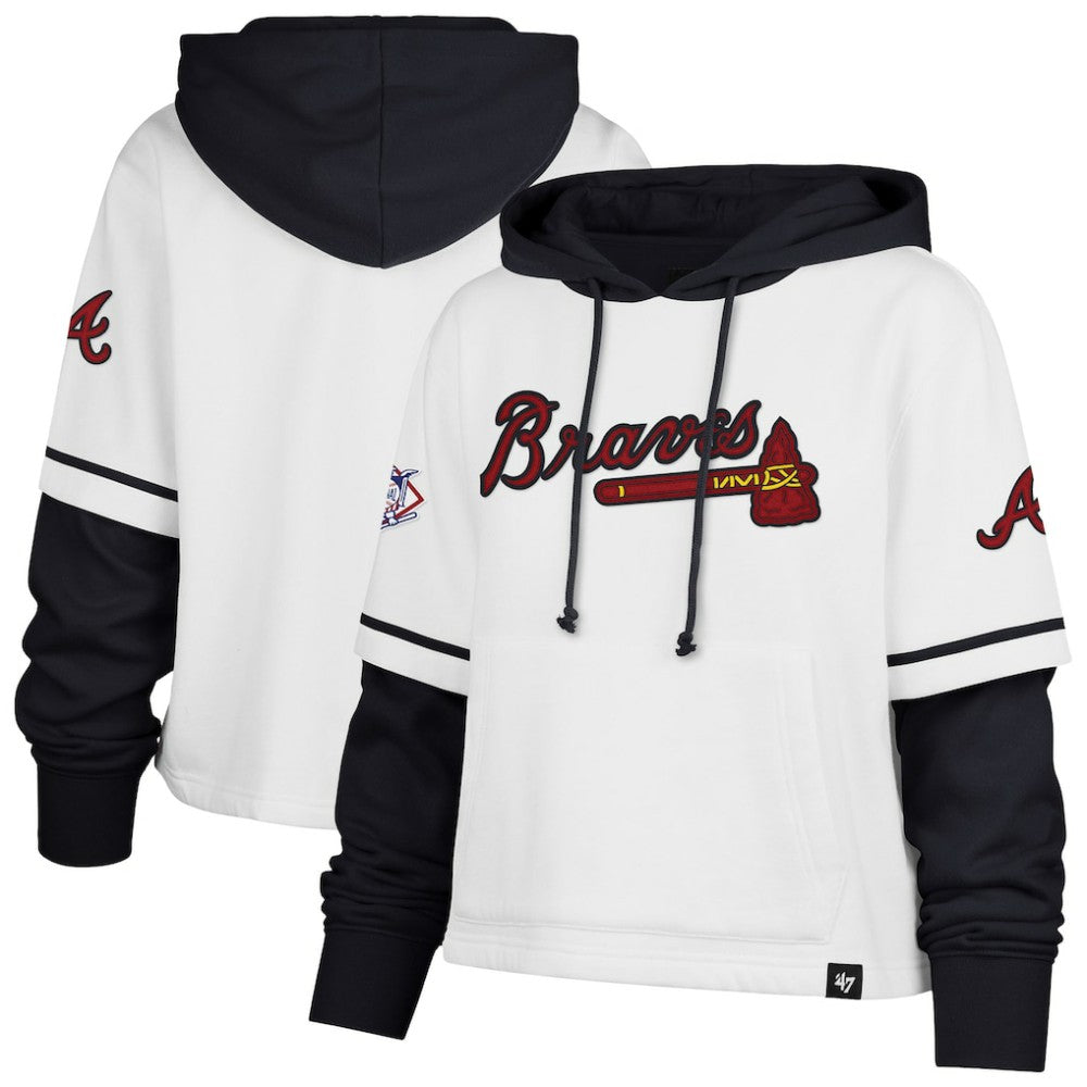 Atlanta Braves '47 Women's Trifecta Shortstop Cropped Pullover Hoodie - White Hoodies