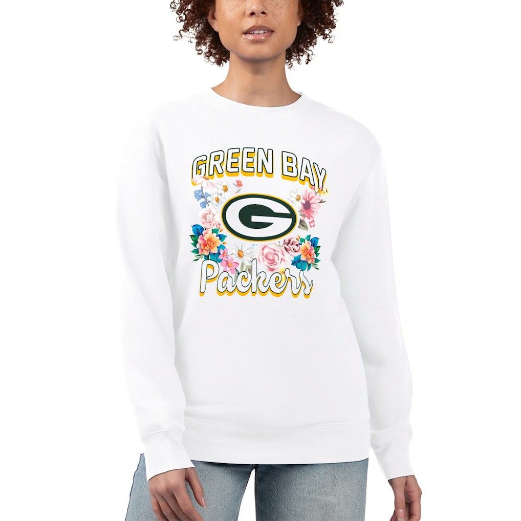 Green Bay Packers G-III 4Her by Carl Banks Women's Flower Logo Graphic Fleece Pullover Sweatshirt - White Pullover