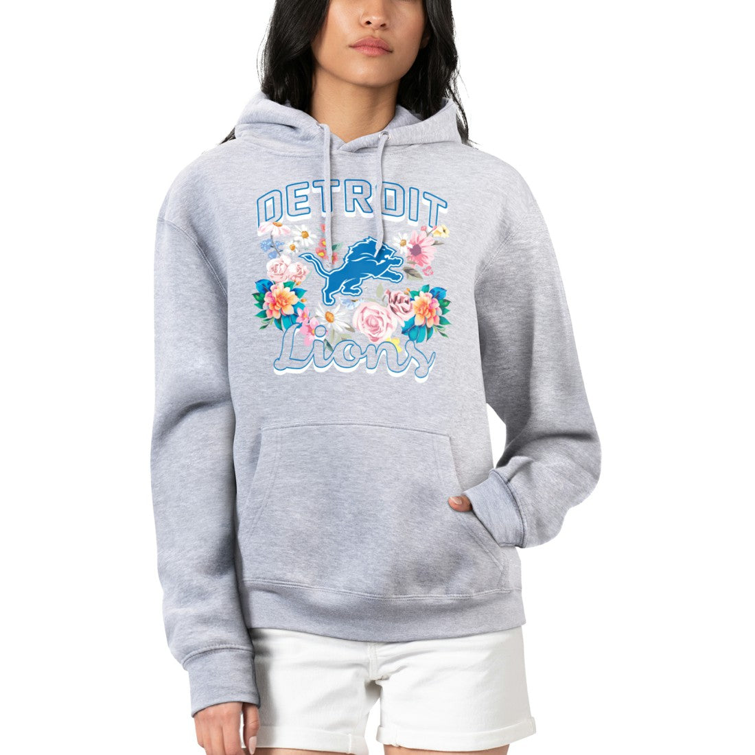 Detroit Lions G-III 4Her by Carl Banks Women's Flowers Team Logo Graphic Fleece Pullover Hoodie - Heather Gray Hoodies