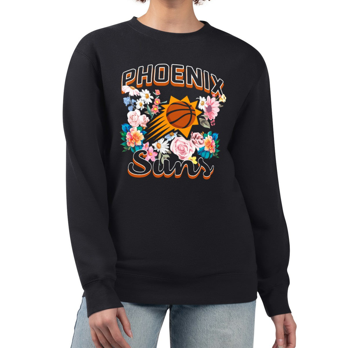 Phoenix Suns G-III 4Her by Carl Banks Women's Flowers Team Logo Graphic Fleece Crewneck Pullover Sweatshirt Black outlet