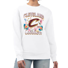 Cleveland Cavaliers G-III 4Her by Carl Banks Women's Flowers Team Logo Graphic Fleece Crewneck Pullover Sweatshirt White
