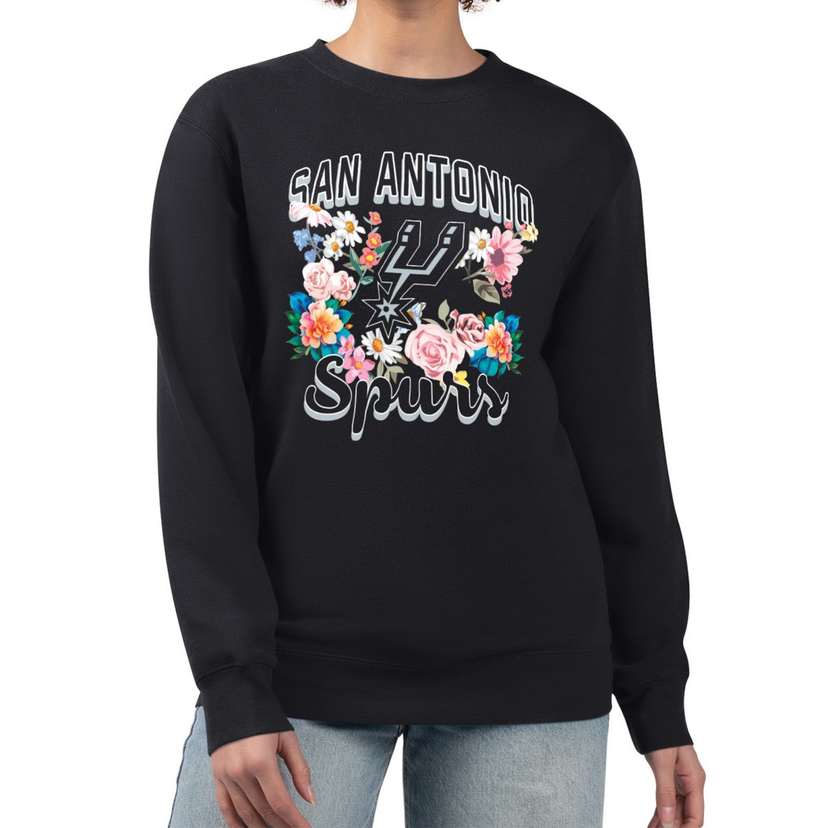 San Antonio Spurs G-III 4Her by Carl Banks Women's Flowers Team Logo Graphic Fleece Crewneck Pullover Sweatshirt Black outlet