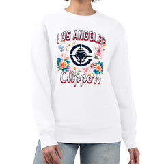 LA Clippers G-III 4Her by Carl Banks Women's Flowers Team Logo Graphic Fleece Crewneck Pullover Sweatshirt White