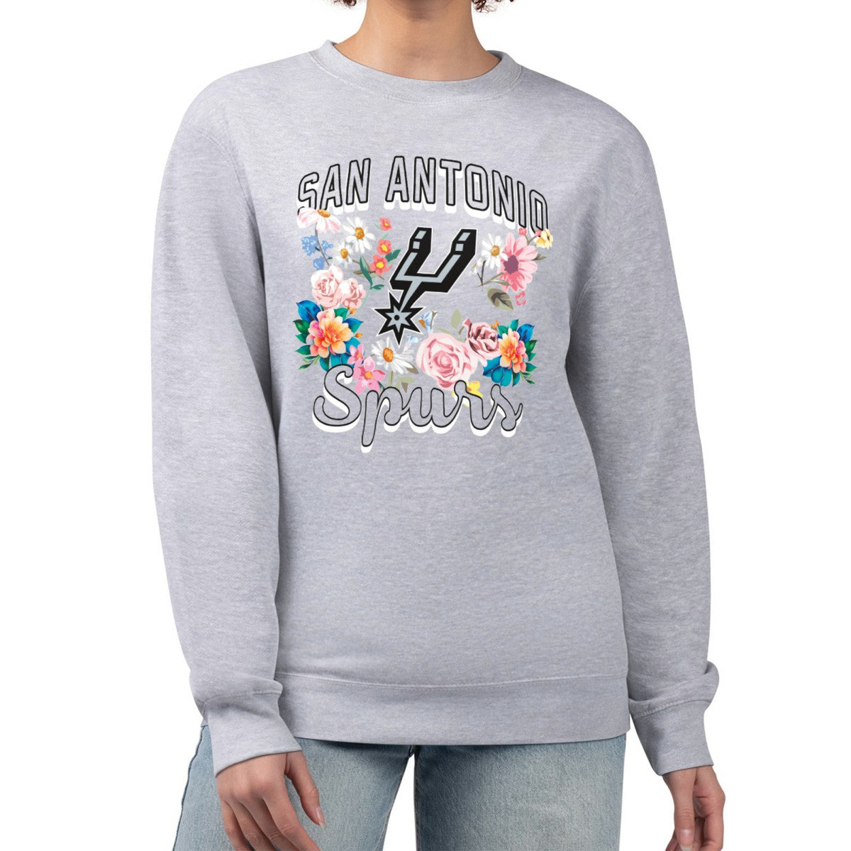 San Antonio Spurs G-III 4Her by Carl Banks Women's Flowers Team Logo Graphic Fleece Crewneck Pullover Sweatshirt Heather Gray outlet