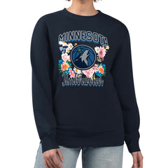 Minnesota Timberwolves G-III 4Her by Carl Banks Women's Flowers Team Logo Graphic Fleece Crewneck Pullover Sweatshirt Navy