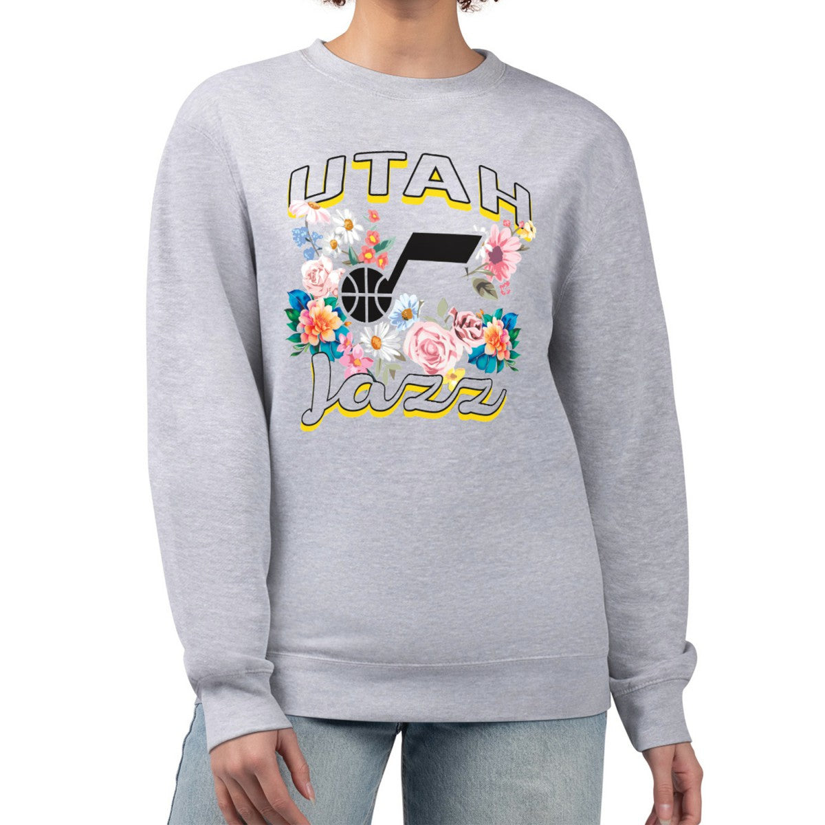 Utah Jazz G-III 4Her by Carl Banks Women's Flowers Team Logo Graphic Fleece Crewneck Pullover Sweatshirt Heather Gray