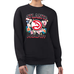 Atlanta Hawks G-III 4Her by Carl Banks Women's Flowers Team Logo Graphic Fleece Crewneck Pullover Sweatshirt Black