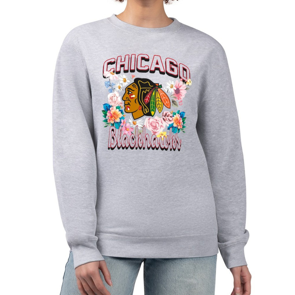 Chicago Blackhawks G-III 4Her by Carl Banks Women's Flower Logo Pullover Sweatshirt - Heather Gray | US 201906082