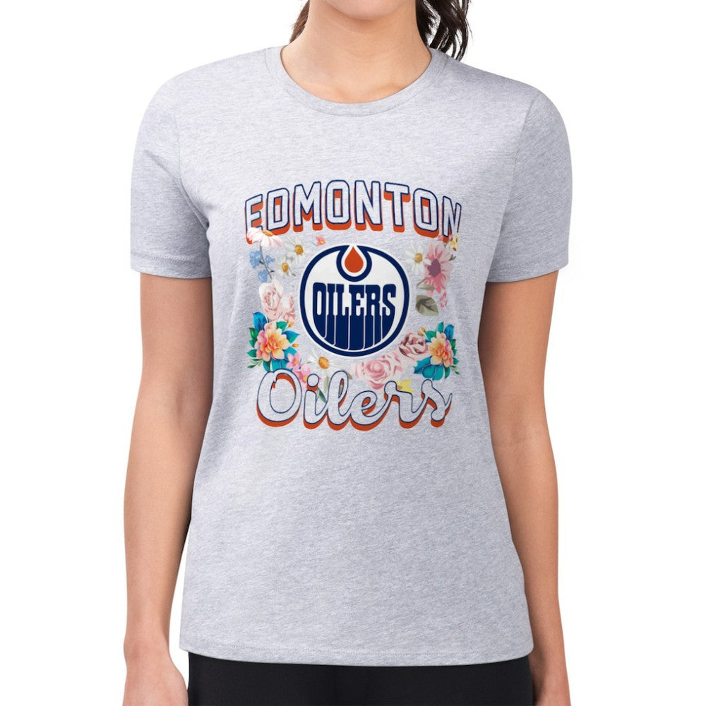 Edmonton Oilers G-III 4Her by Carl Banks Women's Super-Slim Fit Lightweight Flower Logo T-Shirt - Heather Gray | US 201906219