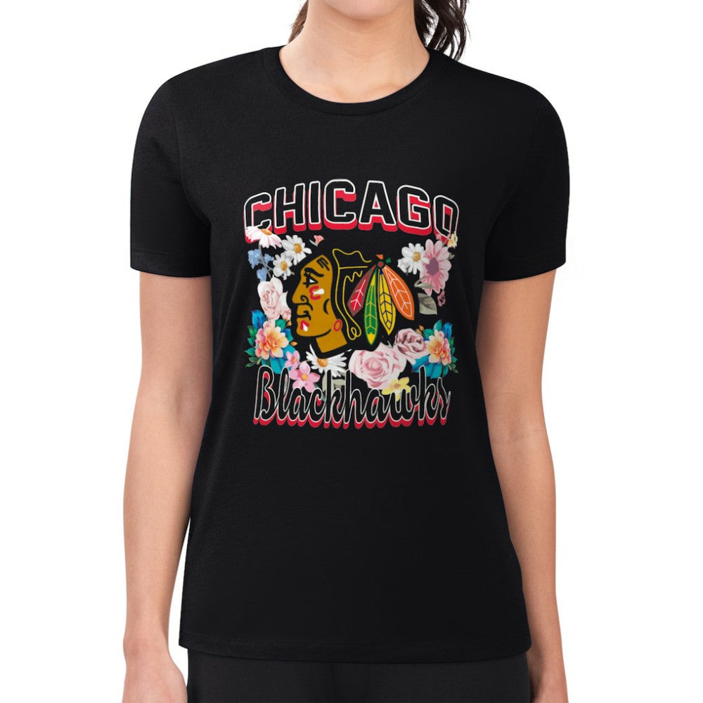 Chicago Blackhawks G-III 4Her by Carl Banks Women's Super-Slim Fit Lightweight Flower Logo T-Shirt - Black | US 201906224
